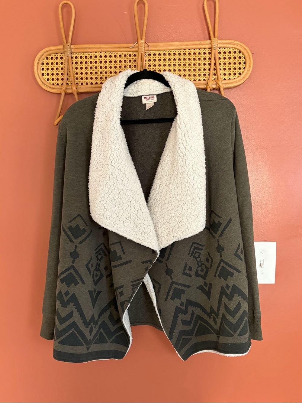 Mossimo Supply Co. Olive Green Cardigan with White Sherpa Collar